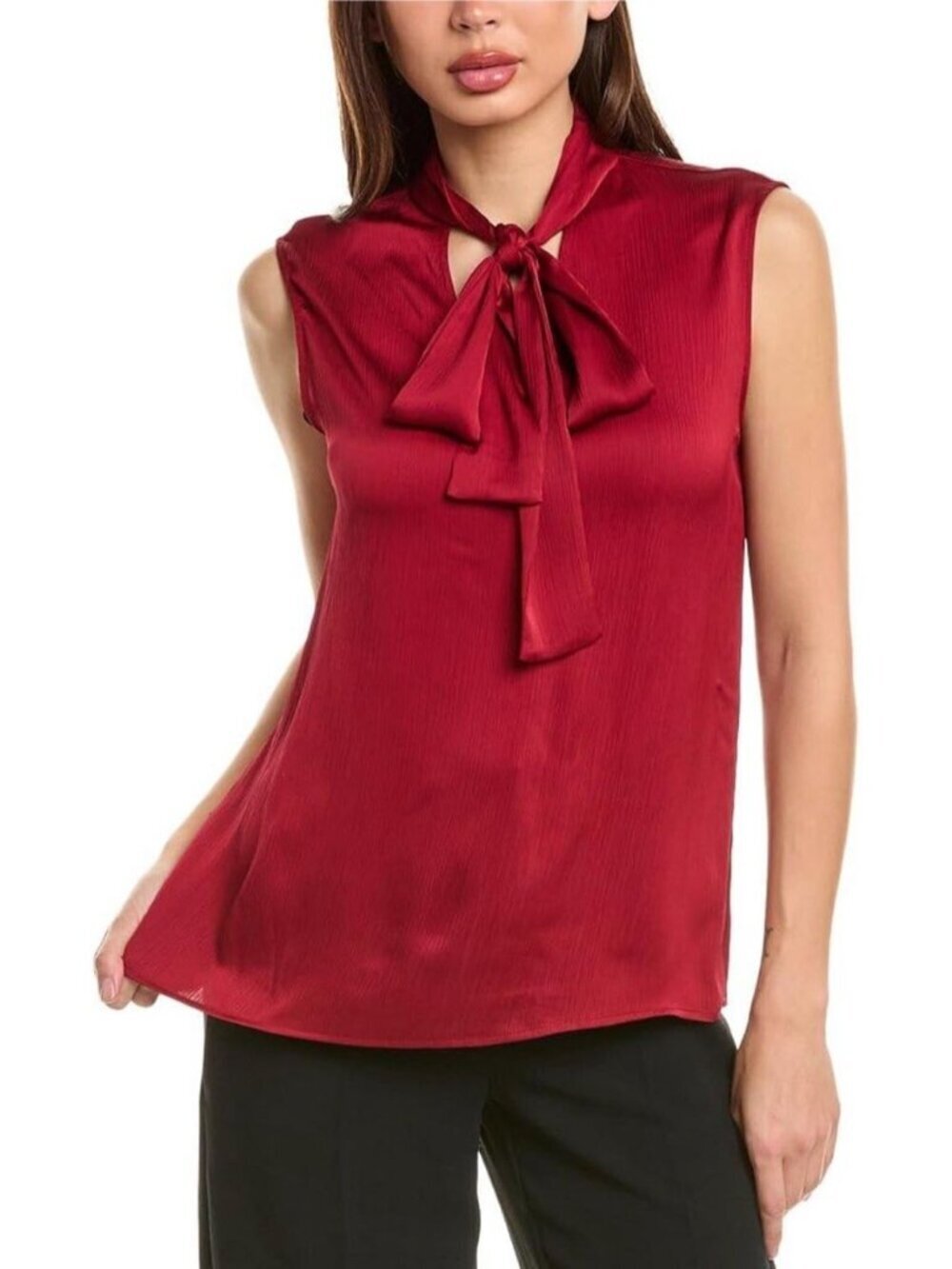 Anne Klein Tie Neck Boho Top Sleeveless Blouse Career Casual Sz L Satin Sangria